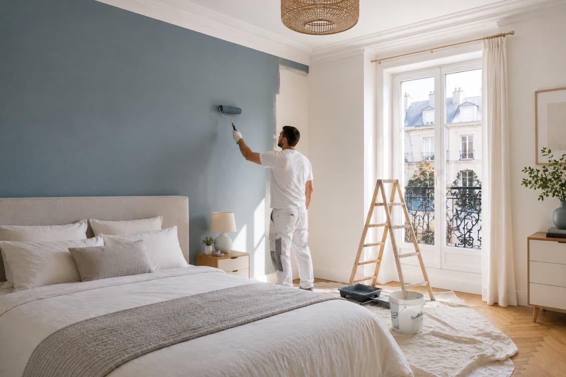 Chambre terminée avec un mur d'accent bleu-gris après travaux de peinture