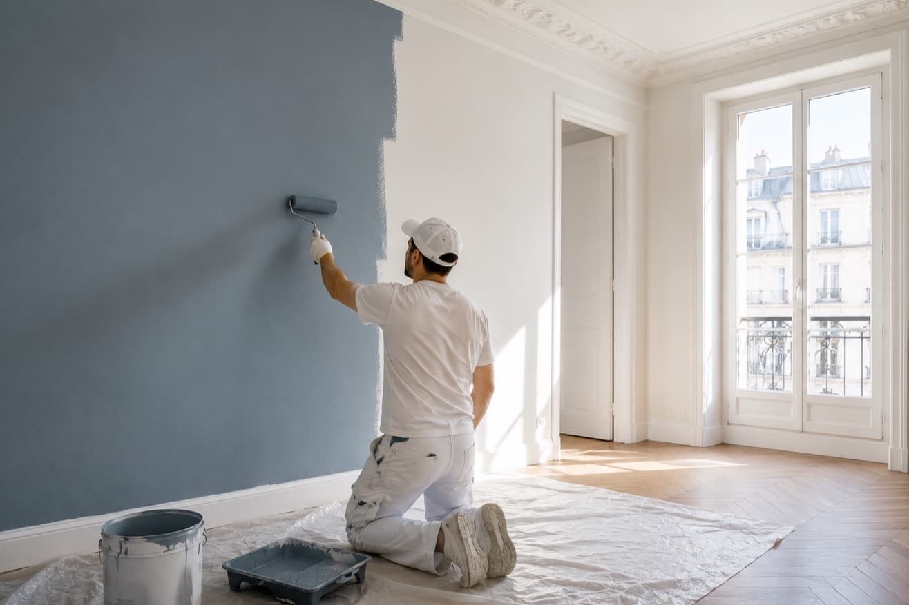 Rouleau de peinture bleu-gris appliqué sur un mur d'appartement haussmannien